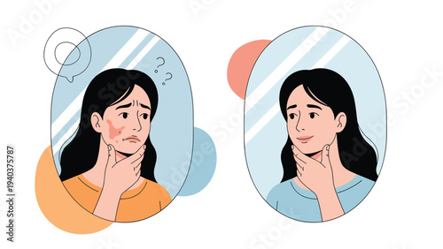 Visual comparison of a woman's face showing skin irritation in one mirror and clear glowing skin in the second mirror.