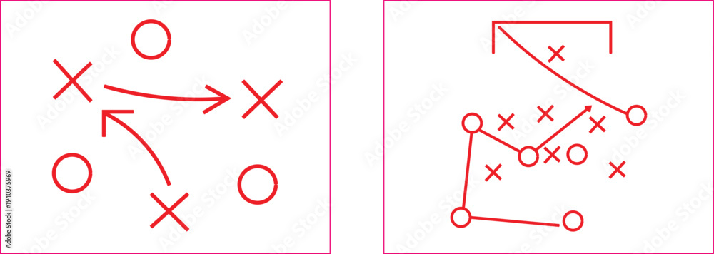 Obraz premium Dynamic red line diagrams depicting strategic sports plays and tactical formations essential for team success and competitive advantage.