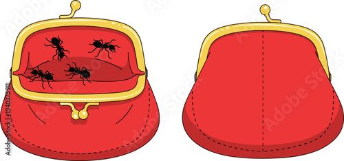 Red coin purse with ants inside open wallet insect infestation problem vector illustration isolated design