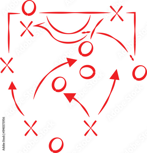 Detailed drawing illustrates a complex red chalk diagram showing Xs and Os with strategic movement arrows for game planning.