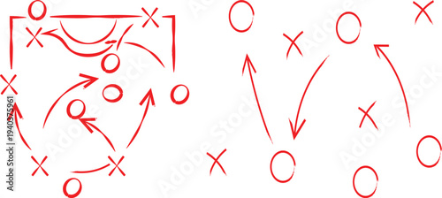 Foto Red hand drawn strategy diagrams showing x and o formations with directional arrows illustrating game plans clearly