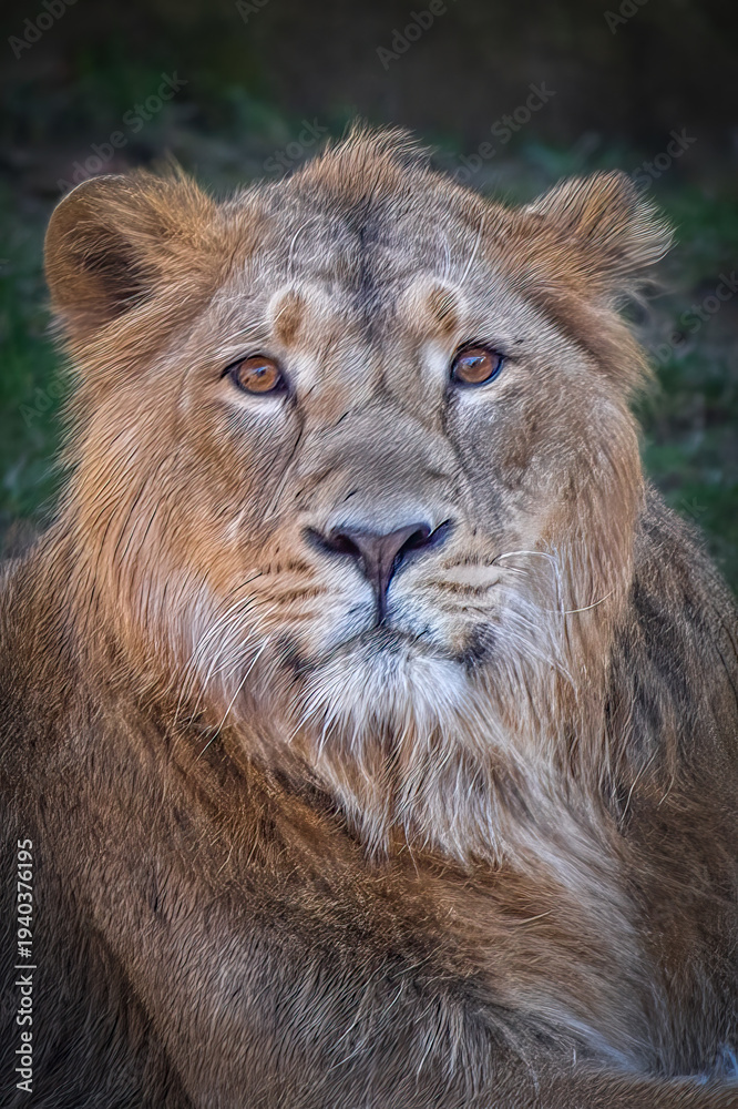 Obraz premium Young Asiatic Lion headshot looking at camera with intense amber eyes and curious expression