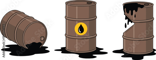 Three brown oil barrels in different conditions, leaking, intact, and damaged with oil spill hazard symbol vector illustration for environmental concept design