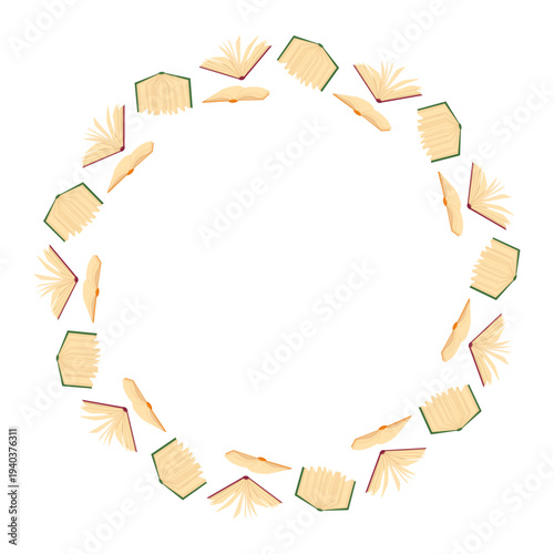 Circle frame with opened books and vintage pages. Poet core. Writer aesthetic. Vector hand drawn template with copy space for bookstore, bookshop, library, postcard, poster, invitation, book club