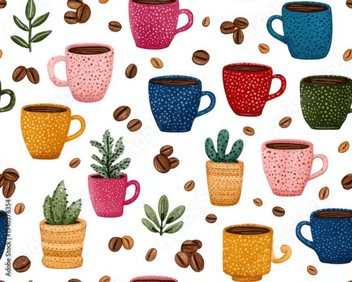 Seamless Coffee Pattern Mindful Growth Illustration Cozy Cafe Doodles Positive Vibe Background Hand Drawn Cute Mug Succulent Wallpaper