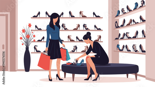 Woman shopping for high heels in a luxury boutique while a sales assistant helps her select the perfect pair of shoes.