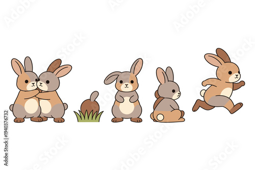 Cute cartoon brown rabbit characters collection in various poses including hugging, sitting, running and hiding in the grass for children illustration.