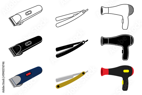 Barber shop and hair salon tools collection with electric hair clipper, straight razor and blow dryer in outline, silhouette and colored versions.
