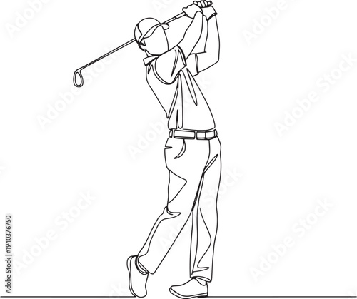 Golfer swinging golf club during shot line art sports illustration