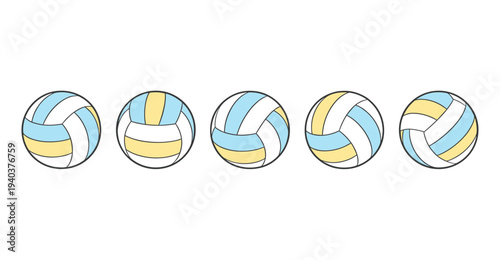 Professional volleyball balls set in various angles featuring blue, white and yellow color palette for sports competition and team game design.