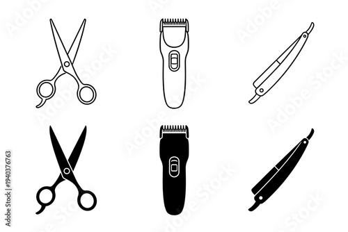 Professional hair styling and barber tools set with hair scissors, electric trimmer and classic straight edge razor in line and silhouette styles.