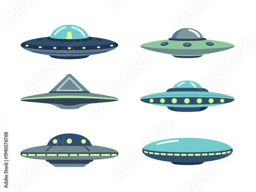 Set of stylized UFO flying saucer icons on white background, various alien spacecraft designs for science fiction projects, futuristic unidentified flying objects