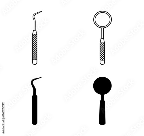 Professional dental tools and mirror icons for medical equipment catalogs, dentistry clinic symbols in outline and silhouette styles for healthcare graphic design