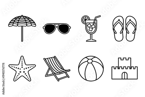 Summer beach holiday icons set in minimalist line art, coastal vacation symbols including umbrella sunglasses drink and sandcastle for tourism and travel design