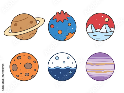Set of colorful cartoon planet icons including Saturn with rings, volcanic world, icy moon, and gas giant for space exploration design and educational UI assets.