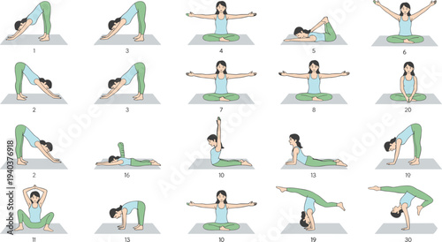 Set of young woman practicing various yoga poses and stretching exercises on mats for physical fitness and mental wellness flat vector,