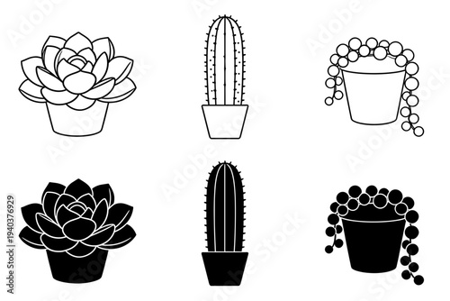 Minimalist succulent and cactus plant icons in pots featuring aloe and string of pearls in outline and silhouette styles for home decor and garden design.