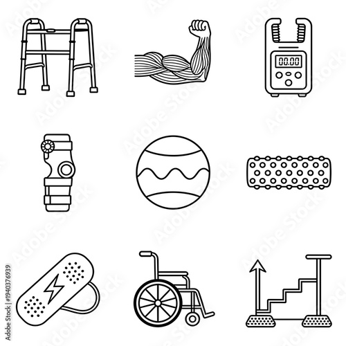 Medical rehabilitation and physical therapy equipment icons including walker, wheelchair, muscle anatomy, and fitness tools for healthcare and recovery design.