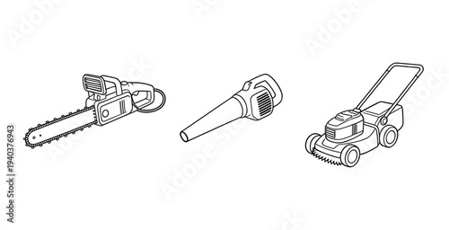 Professional power garden tools set including chainsaw, leaf blower, and lawn mower in clean line art style for landscaping and outdoor maintenance equipment.