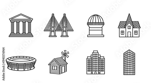Architectural landmark and building icons set featuring stadium, house, skyscraper, bridge, and classical temple for urban planning and city landscape design.