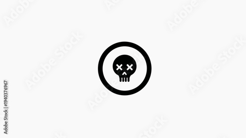 A black and white, minimalist design featuring a skull icon in a circle on a white background