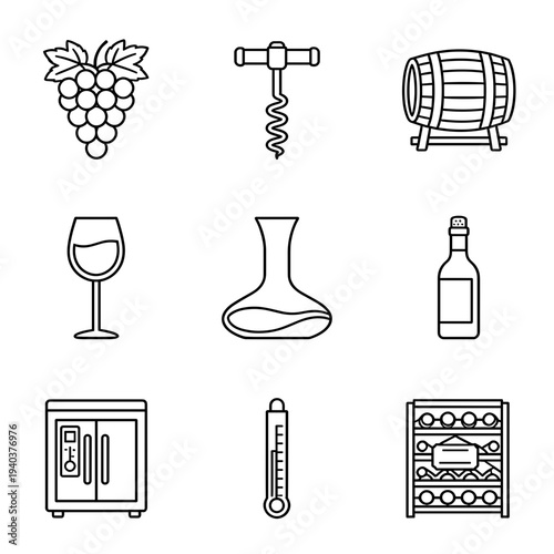 Professional wine production and tasting icons featuring grapes, bottle, glass, decanter, barrel, and cellar storage for vineyard and sommelier services.