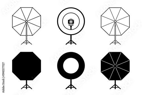 Professional photography studio lighting equipment set including octabox, ring light with camera, and umbrella softbox icons in line and silhouette styles.