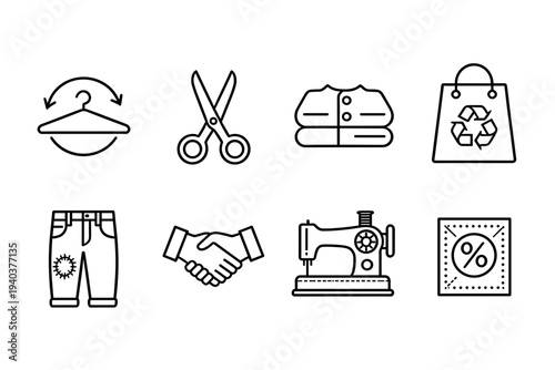 Sustainable fashion and garment repair icons featuring recycling bag, sewing machine, scissors, mending, and garment care symbols for eco friendly clothing.
