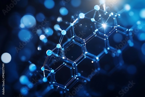 Bright blue atoms connected by intricate lines form a complex hexagonal molecular lattice