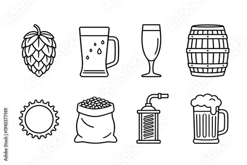 Craft beer brewing process icons set with hop cone, mug, glass, wooden barrel, bottle cap, sack of malt, and traditional distilling equipment line art.
