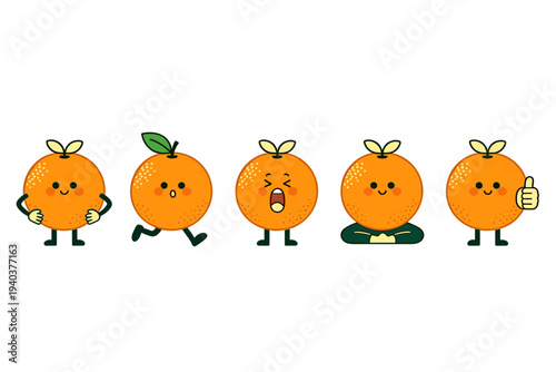 Cute orange fruit character set performing various activities including running, yawning, sitting and giving thumbs up, vibrant citrus mascot design.