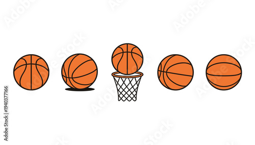 Basketball game action sequence icons showing balls in different positions including shooting into hoop and bouncing, colorful flat vector illustration.