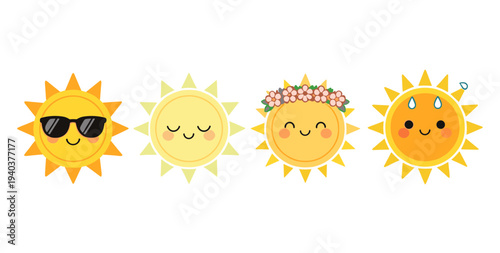 Set of cute sun mascot characters with different expressions like wearing sunglasses, sleeping, floral wreath and sweating, flat vector illustration.