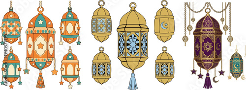 Web Islamic Lantern and Crescent Mega Bundle: Ornate Fanous, Mosque Skyline, and Kawaii Moon Stars for Ramadan and Eid
