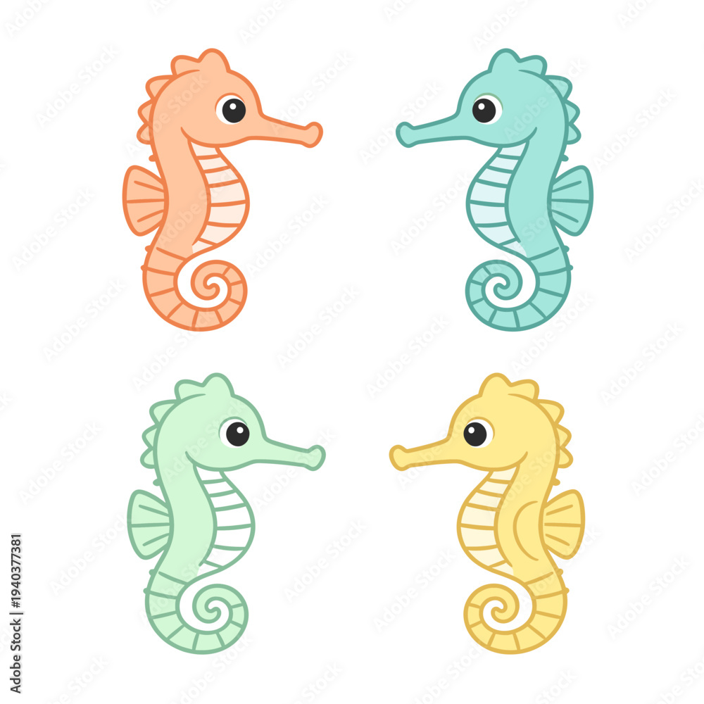 Obraz premium Cute seahorse character set in pastel colors including orange, blue, green and yellow, flat vector illustration of marine life isolated on white background.