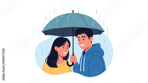 Happy young couple standing close together and smiling while sharing a large blue umbrella during a light rainfall on a cloudy autumn day.