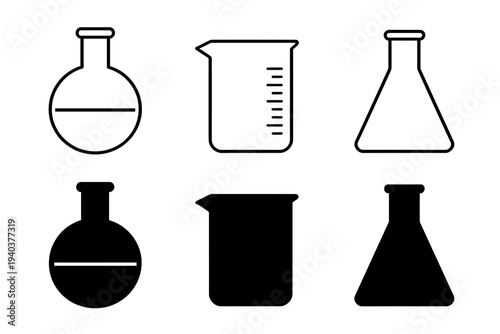 Laboratory glassware icons featuring flasks and beakers in both outline and solid black styles, minimalist vector illustration for science and research.