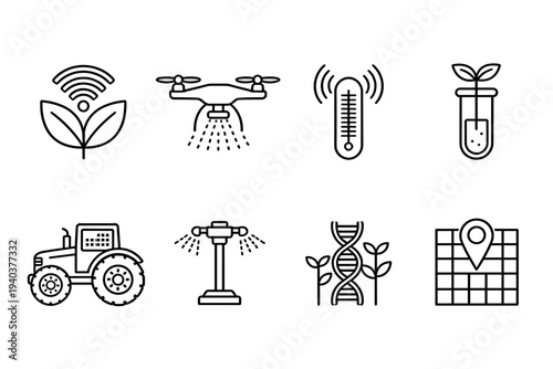 Smart agriculture and precision farming line icons set featuring drone, tractor, DNA plant, irrigation and sensors for modern agricultural technology design.