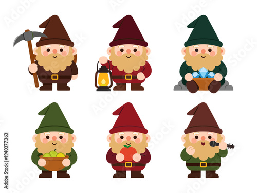 Set of cute dwarf or gnome characters in colorful outfits holding pickaxe, lantern, gems, apples and microphone, flat vector illustration for storybook.