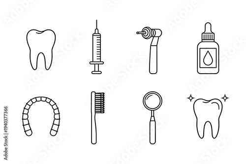 Dental care and stomatology professional equipment icons featuring tooth, syringe, drill, toothbrush and braces, line vector assets for medical healthcare.