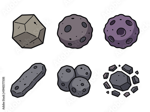 Collection of different asteroid and meteor icons with rocky textures and crater details for space and science fiction graphic design and web illustration