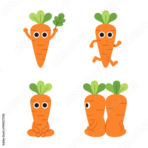 Collection of funny cartoon carrot characters in various poses including running and sitting and standing for healthy food and lifestyle design concepts