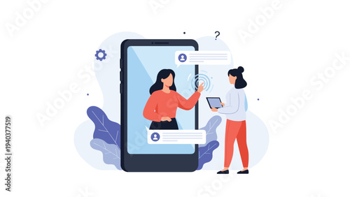 Virtual support or customer service concept featuring a woman on a giant smartphone screen assisting another female user with digital tasks.