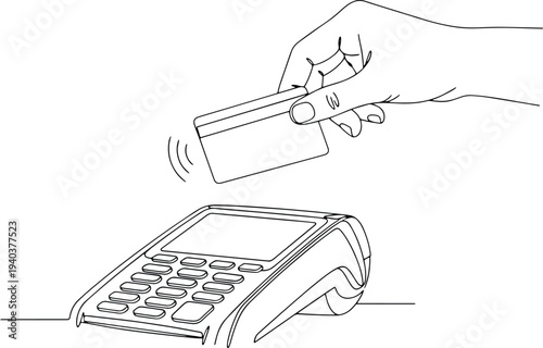 Continuous line art of a hand using a credit card for contactless payment on a terminal.