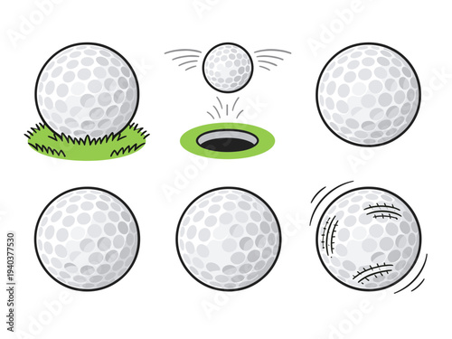 Collection of golf ball icons showing different actions like hitting into hole and rolling on grass for golf sports and recreational lifestyle branding