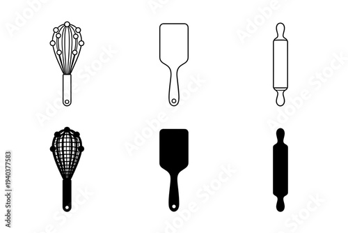Kitchen and baking tools icons featuring whisk spatula and rolling pin in clean outline and solid black silhouette styles for cooking culinary and bakery related design projects