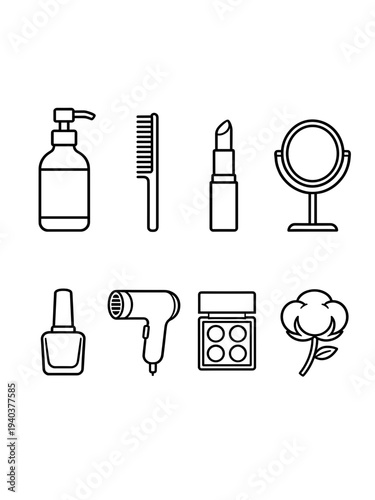 Cosmetic and beauty care accessories set including makeup products mirror hair dryer and nail polish in clean outline style for fashion salon and personal grooming design projects