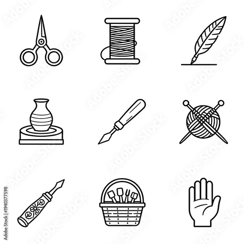 Artistic and craft tools collection including scissors thread quill pottery wheel painting knife yarn basket and hand icon in clean outline style for creative design projects