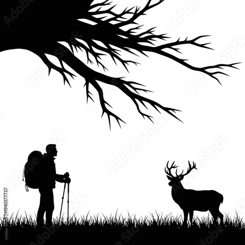 Hiker encountering majestic deer under bare tree in serene nature setting