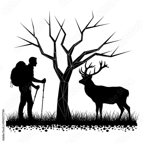 Hiker encounters majestic deer under bare tree in serene natural setting